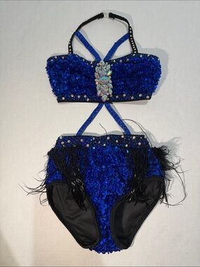 Glamour Costumes Girls Blue Sequin Dance Costume with Feather Trim